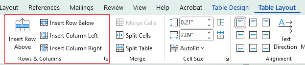 Table Layout Insert rows and columns on ribbon in Word